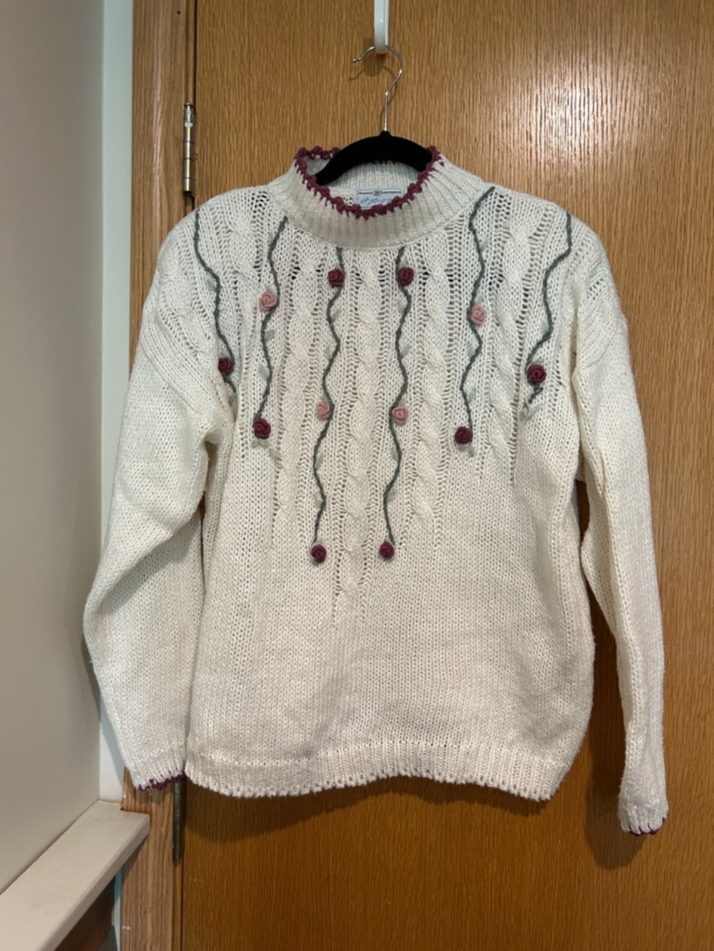 White Cable Knit Women’s Sweater with Floral Accent